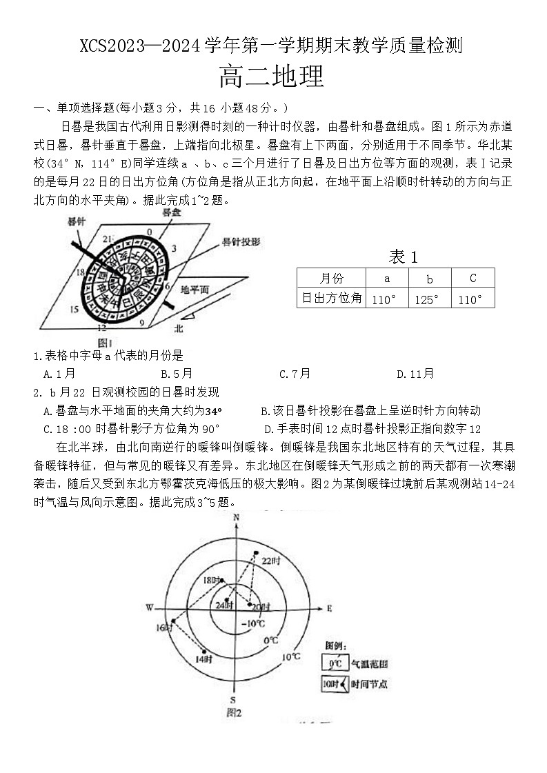 河南省许昌市2023-2024学年高二上学期期末考试地理试卷（Word版附答案）01