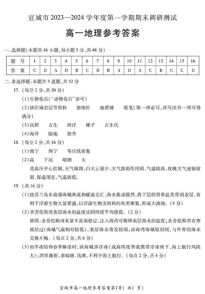 安徽省宣城市2023-2024学年高一上学期1月期末地理答案第1页