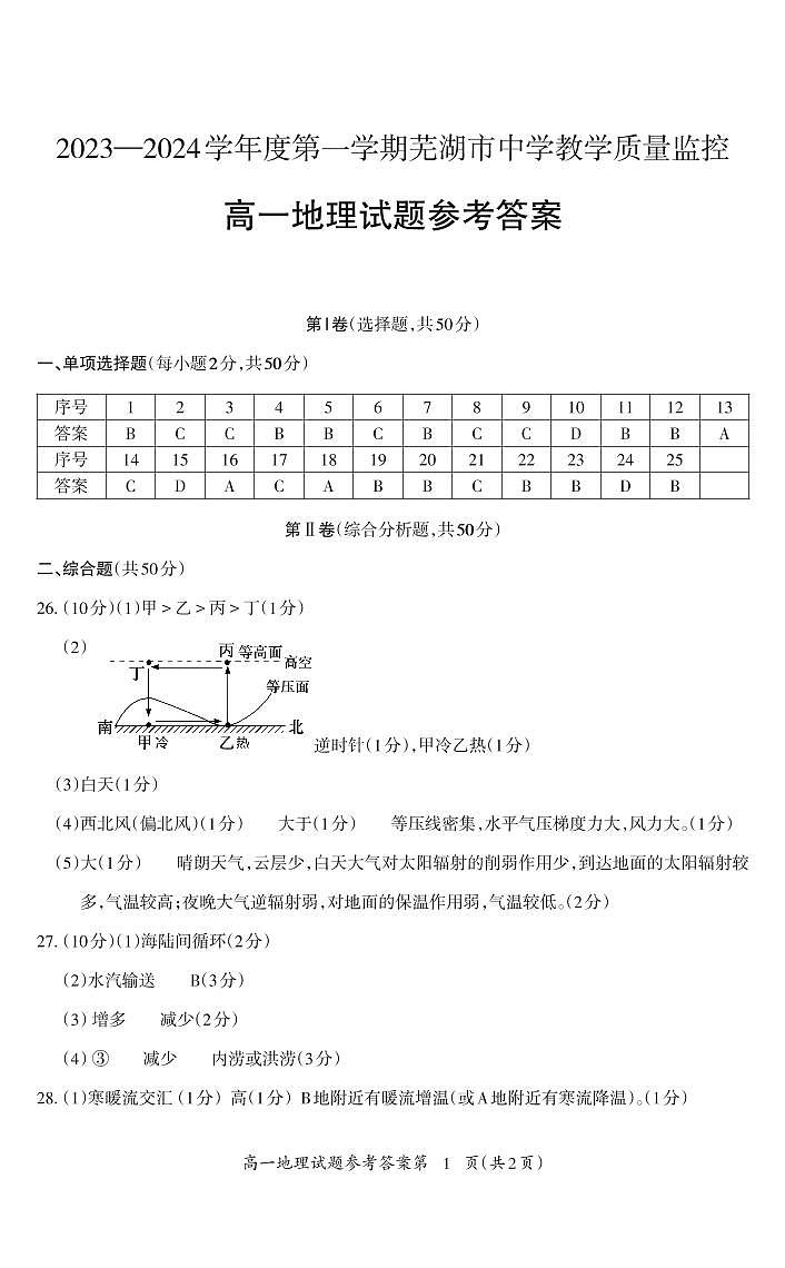 安徽省芜湖市2023-2024学年高一上学期末考试地理答案第1页