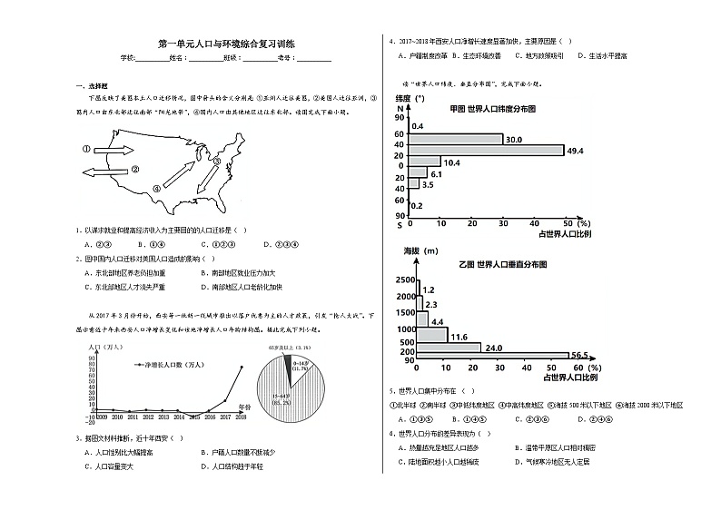 第一单元人口与环境综合复习训练01