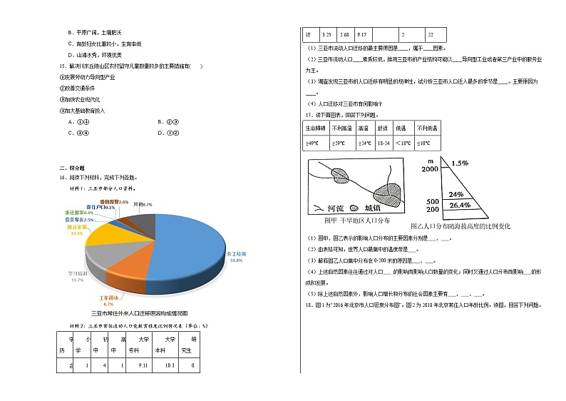 第一单元人口与环境综合复习训练03