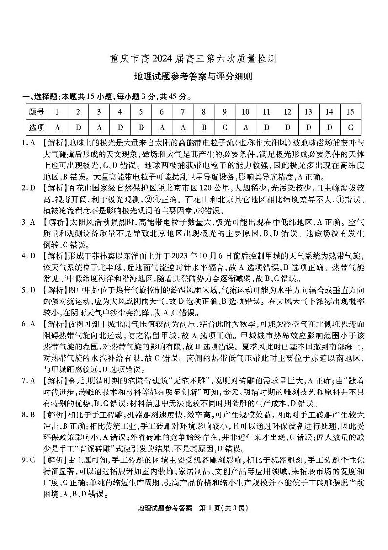 重庆市南开中学高2024届高三第六次质量检测地理01
