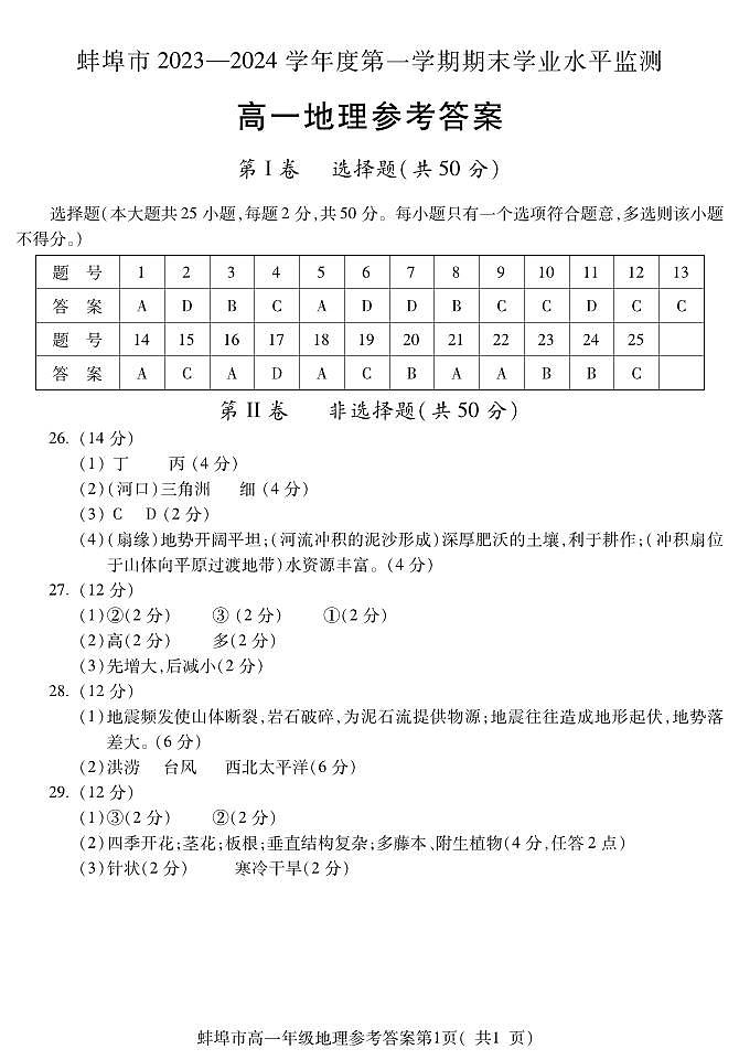 2024蚌埠高一上学期期末考试地理含答案01