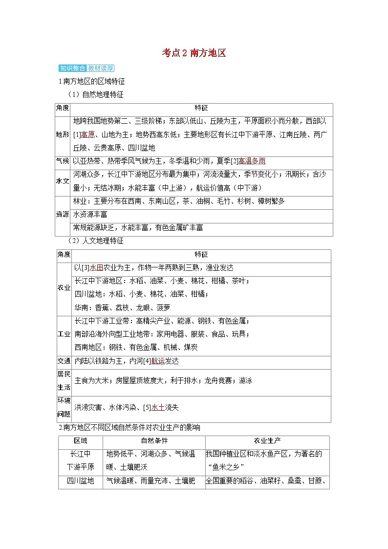 备考2024届高考地理一轮复习讲义第五部分区域地理第二章中国地理第2讲中国地理分区考点2南方地区第1页
