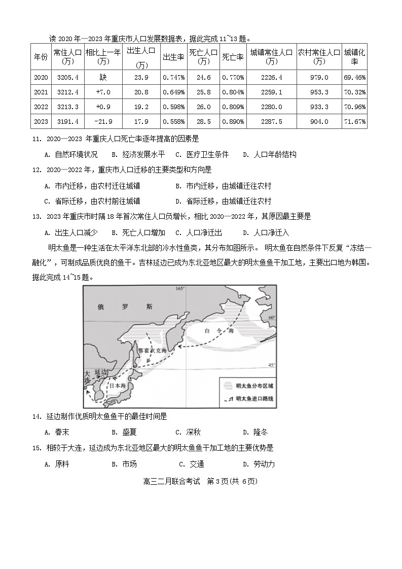 重庆市拔尖强基联盟2023-2024学年高三下学期2月联合考试地理试卷（Word版附答案）第3页