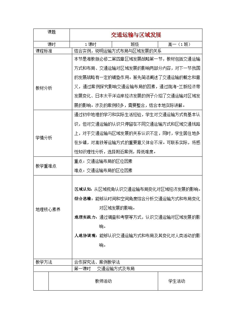 2024春新教材高中地理4.1交通运输与区域发展教学设计湘教版必修第二册01