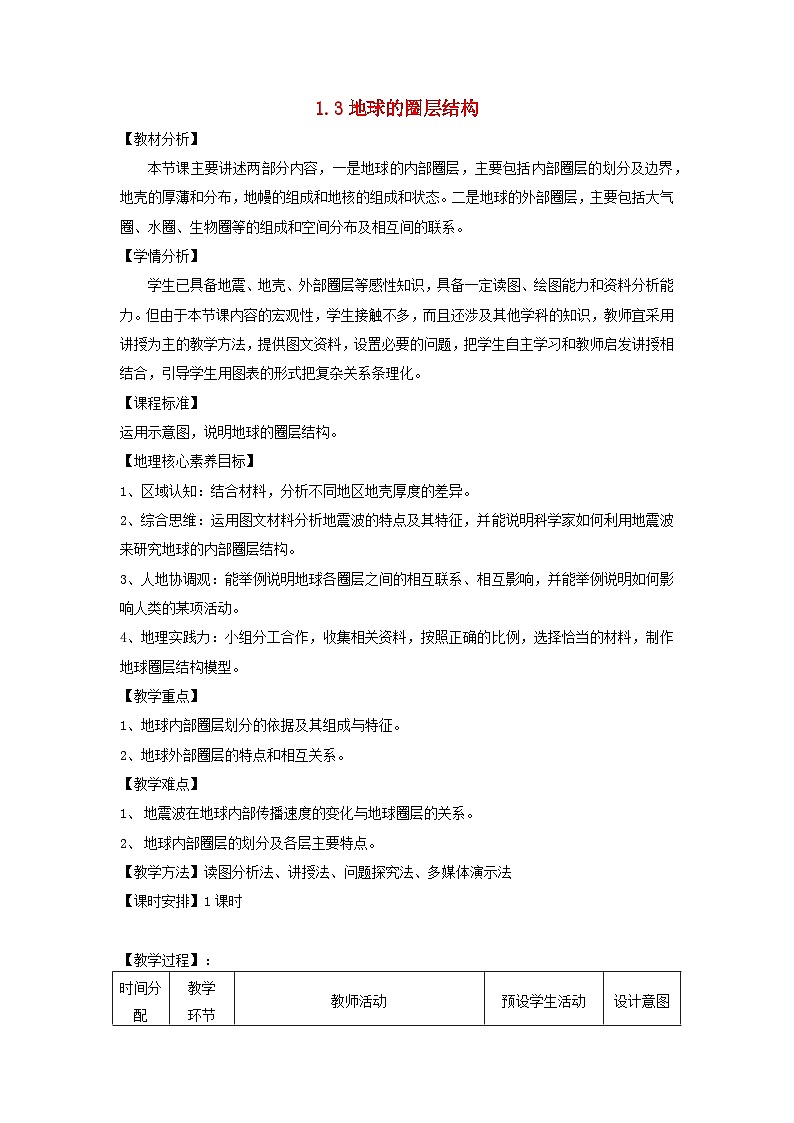 2024春新教材高中地理1.3地球的圈层结构教学设计（湘教版必修第一册）01