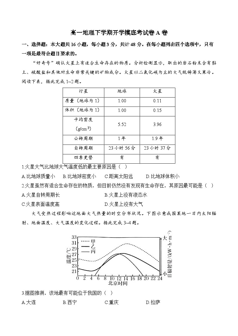 湖南省衡阳县第二中学2023-2024学年高一下学期开学摸底考地理试卷A卷01