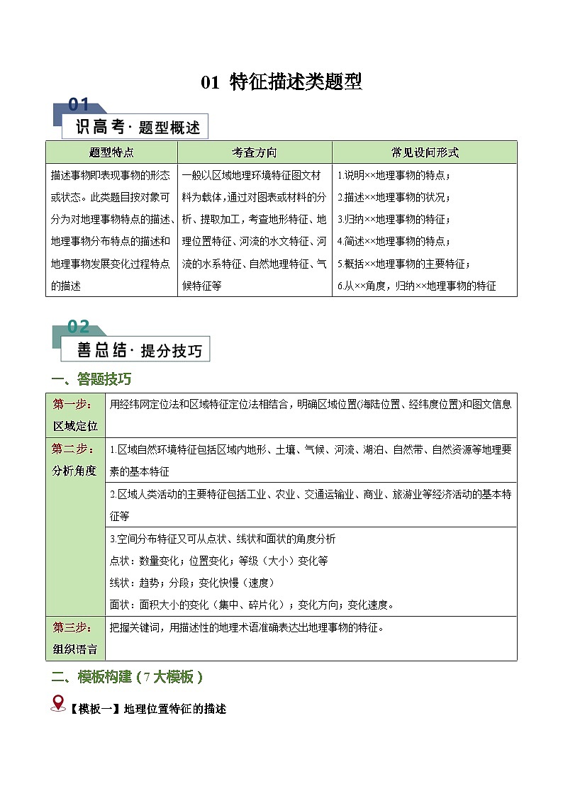 题型01 特征描述类题型（答题模版）-2024年高考地理答题技巧与模板构建（题型突破）01