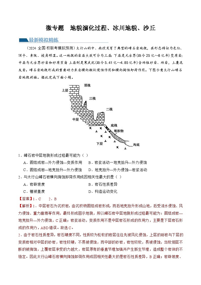 （新高考）高考地理二轮复习专题05 微专题  地貌演化过程、冰川地貌、沙丘（练习）（教师版）第1页