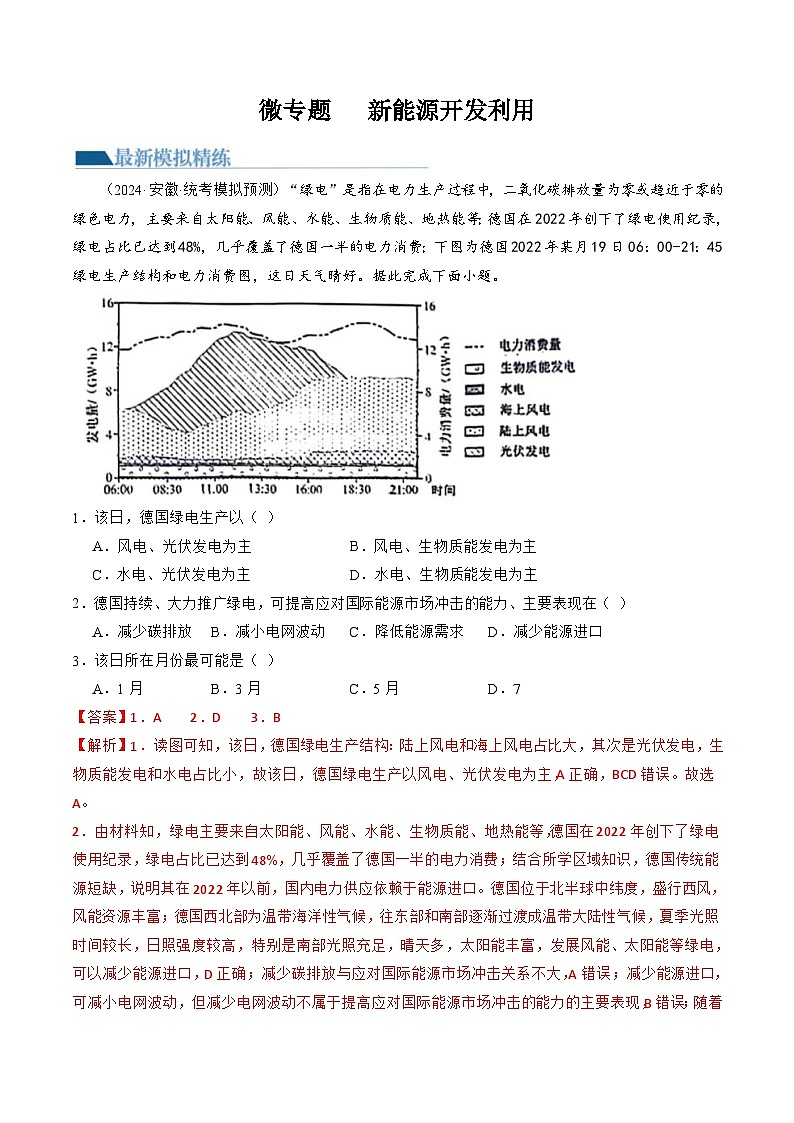 （新高考）高考地理二轮复习专题12 微专题   新能源开发利用（练习）（教师版）第1页