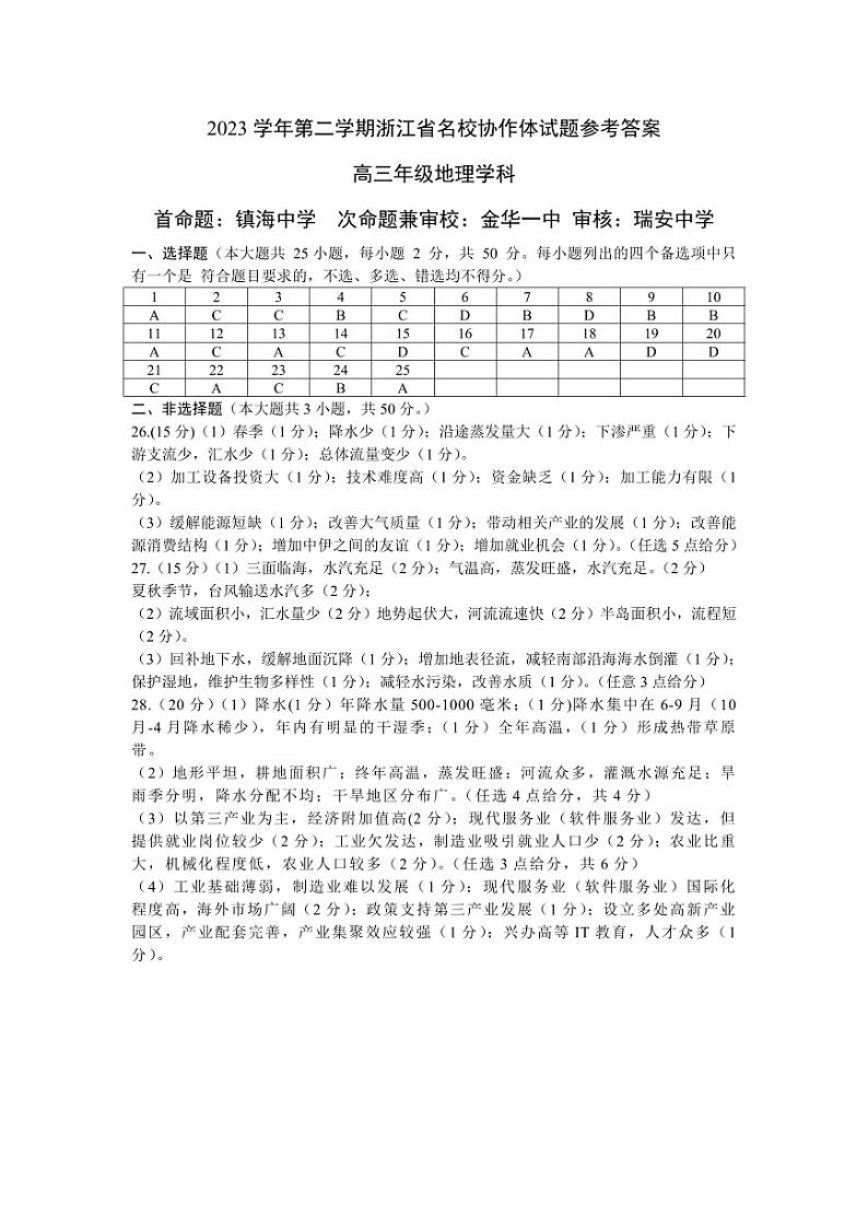 2024浙江省名校协作体高三下学期开学考试地理含答案01