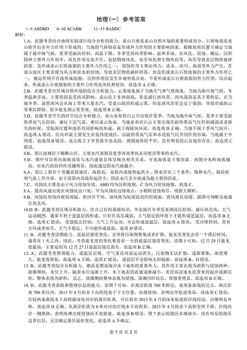 康德2024年重庆市普通高中学业水平选择性考试高考模拟调研卷（一）地理试题及参考答案01