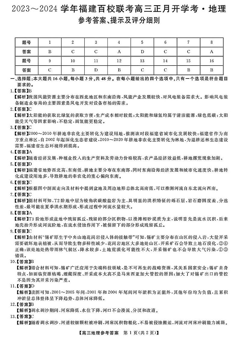 2024福建百校联考高三下学期开学考地理试题及答案01