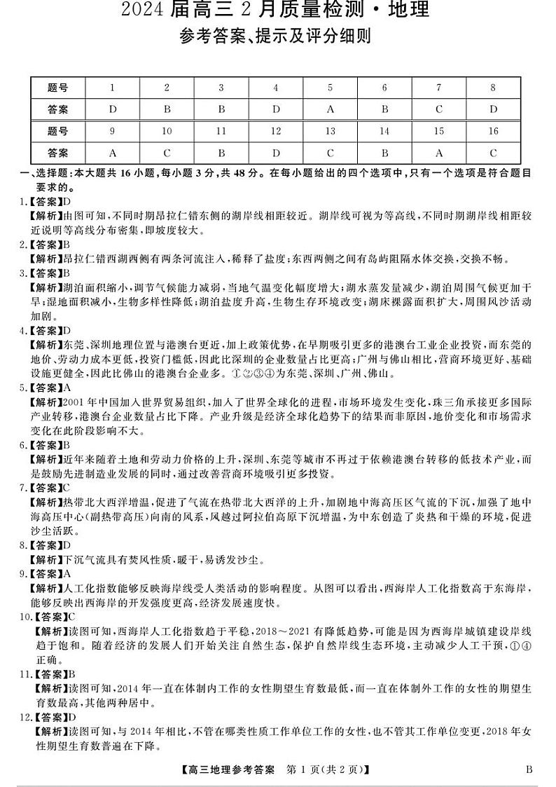 河南省部分重点中学2024届高三下学期二月质量检测地理试题及答案01