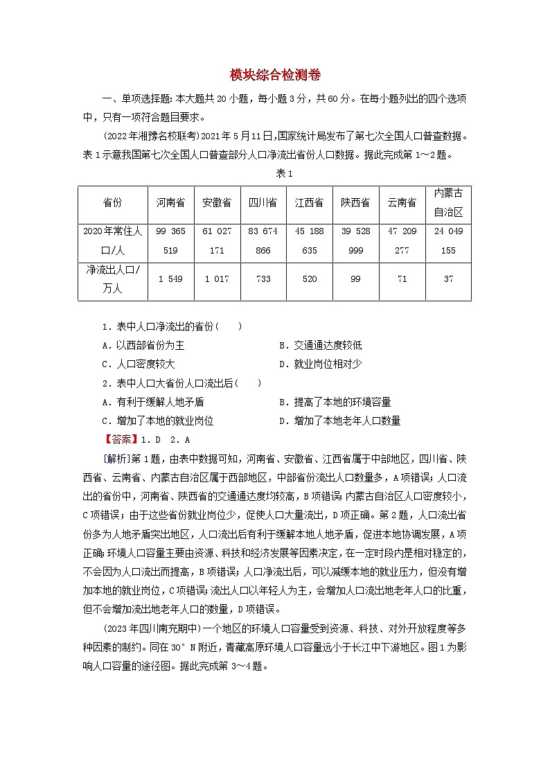 2024春高中地理模块综合检测卷湘教版必修第二册01