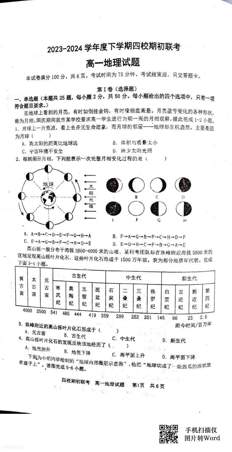 2024四校高一下学期开学联考试题地理PDF版含解析01