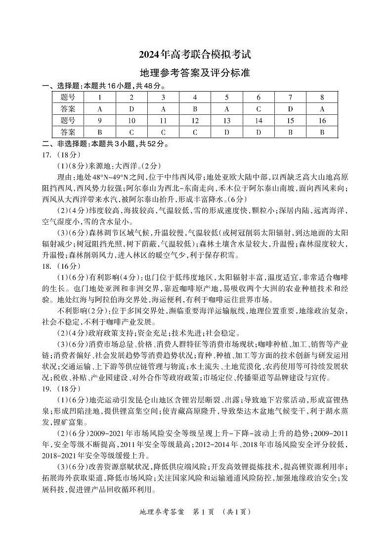 2024届广西壮族自治区高三3月联合模拟考试地理试卷及参考答案01