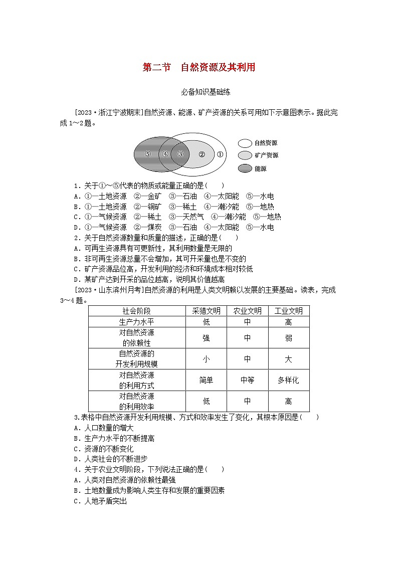 2023版新教材高中地理第一章自然环境与人类社会第二节自然资源及其利用课时作业新人教版选择性必修301