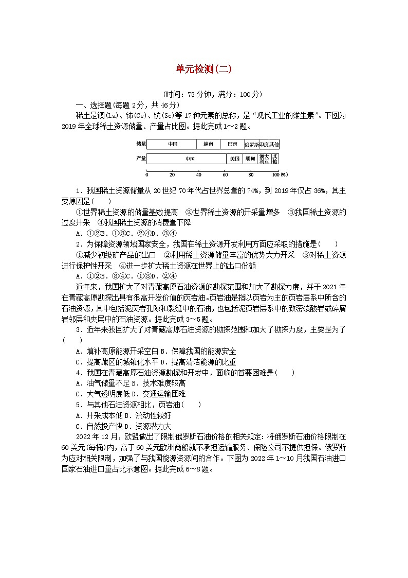 2023版新教材高中地理第二章资源安全与国家安全单元检测新人教版选择性必修3第1页