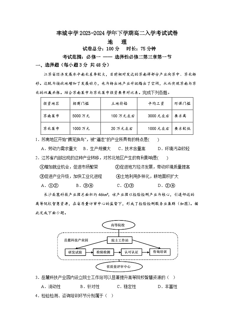 江西省宜春市丰城中学2023-2024学年高二下学期开学考试地理试卷（Word版附答案）01