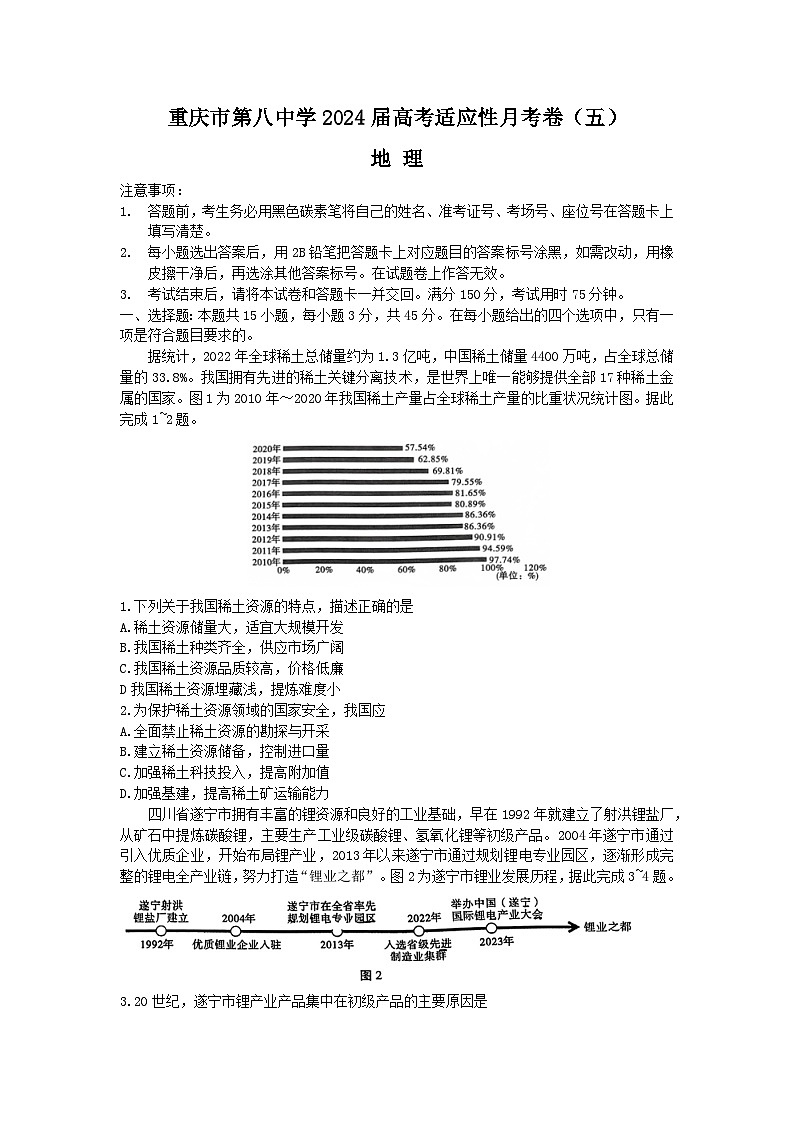 重庆市第八中学2024届高三高考3月适应性月考卷（五）地理第1页