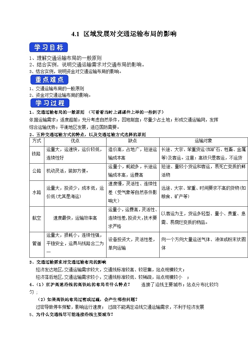 人教版地理必修第二册4.1 区域发展对交通运输布局的影响导学案01