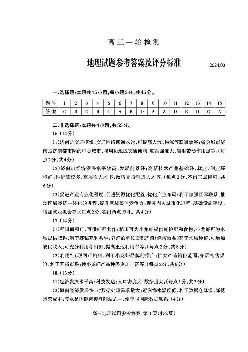 山东省泰安市2024年高三一轮检测（泰安一模）地理答案第1页