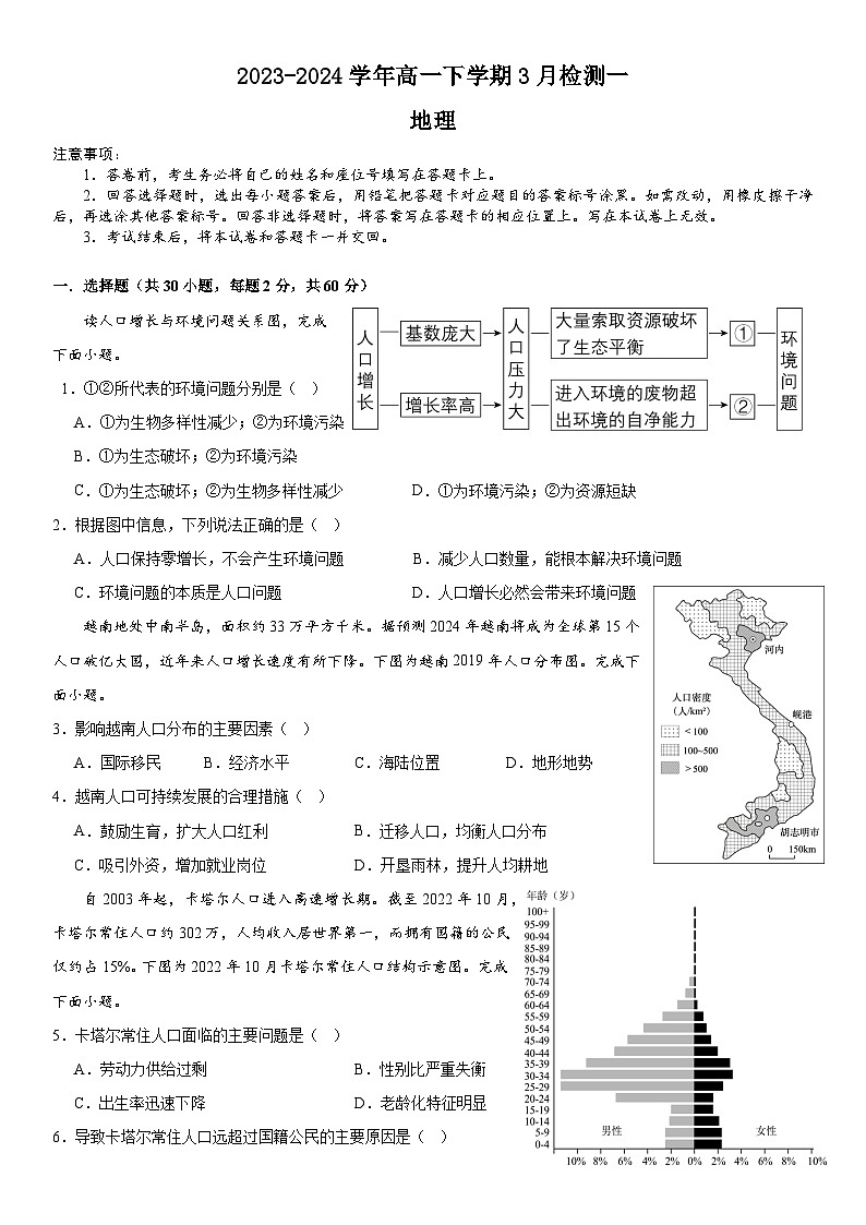 河南省安阳市林州市第一中学2023-2024学年高一下学期3月月考地理试题01