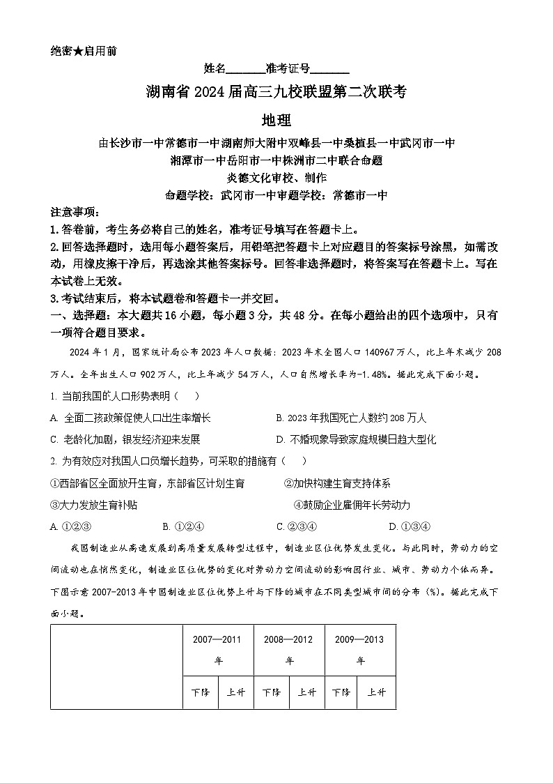 湖南省九校联盟2024届高三下学期第二次联考试题地理（Word版附解析）01