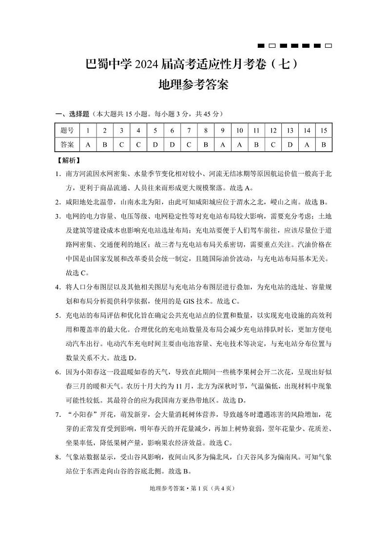 重庆市巴蜀中学校2023-2024学年高三下学期适应性月考（七）地理试题01