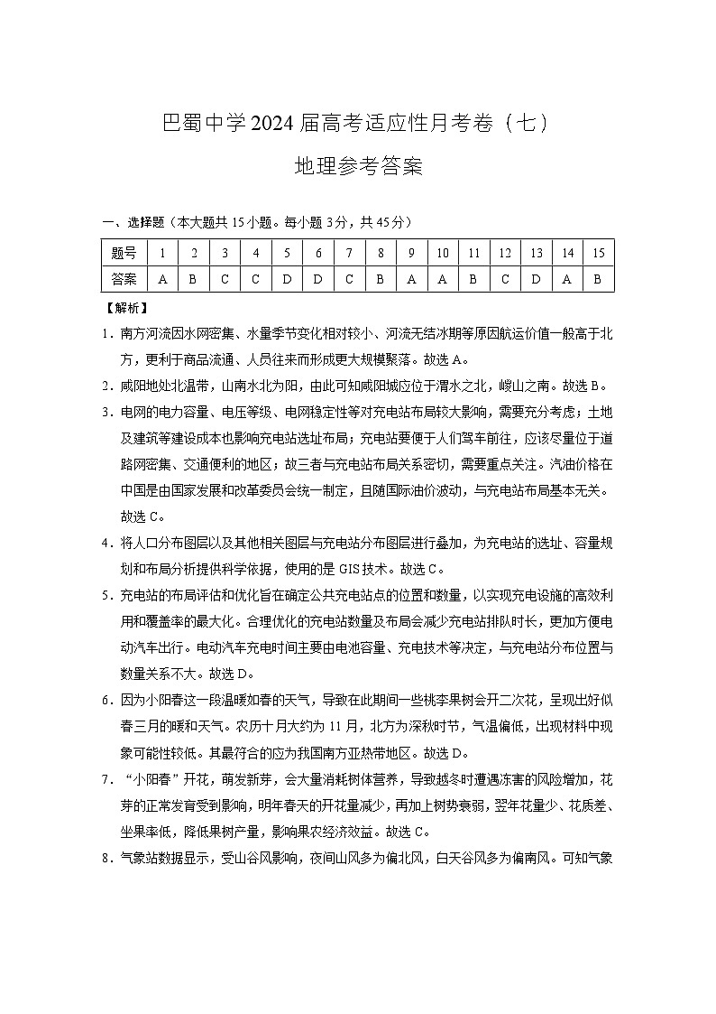 重庆市巴蜀中学校2023-2024学年高三下学期适应性月考（七）地理试题01