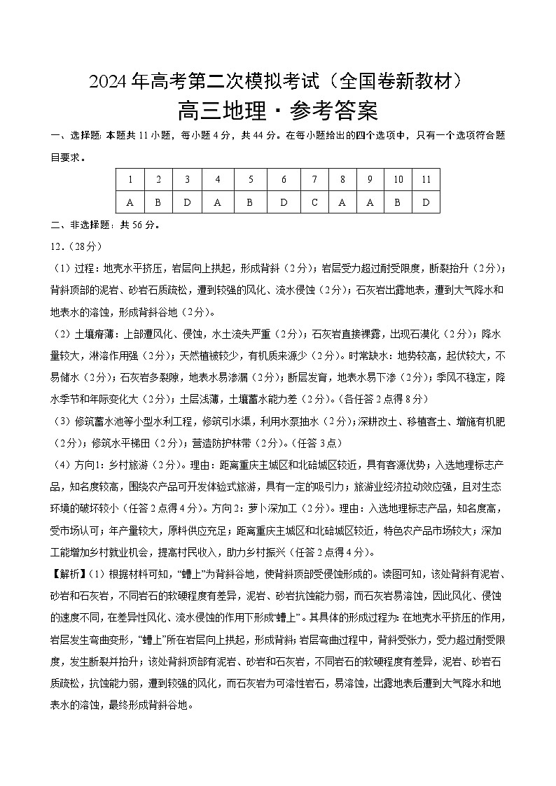 2024年高考第二次模拟考试卷：地理（全国卷新教材）（参考答案）第1页