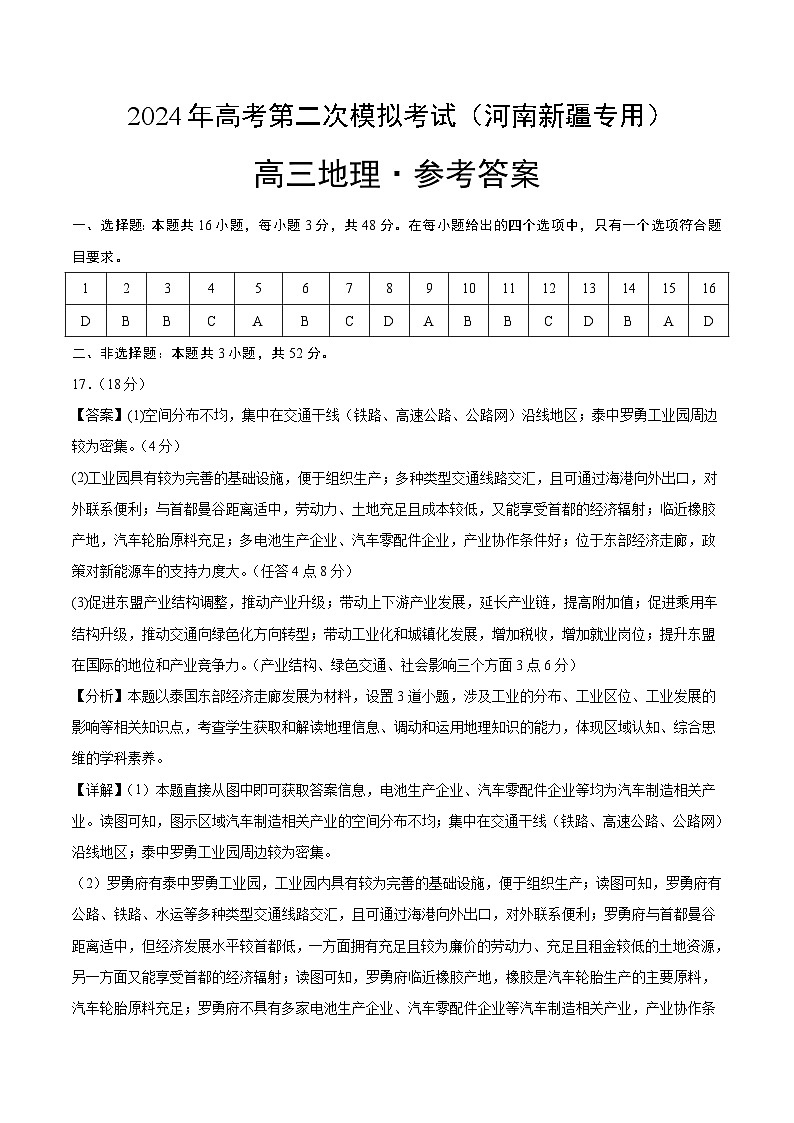2024年九省新高考第二次模拟考试卷：地理（河南新疆卷）（参考答案）第1页