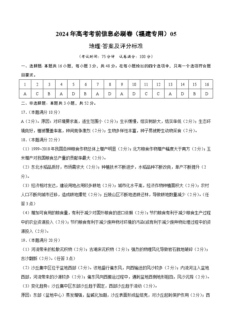 2024年高考地理考前信息必研卷05（福建专用）（Word版附解析）01