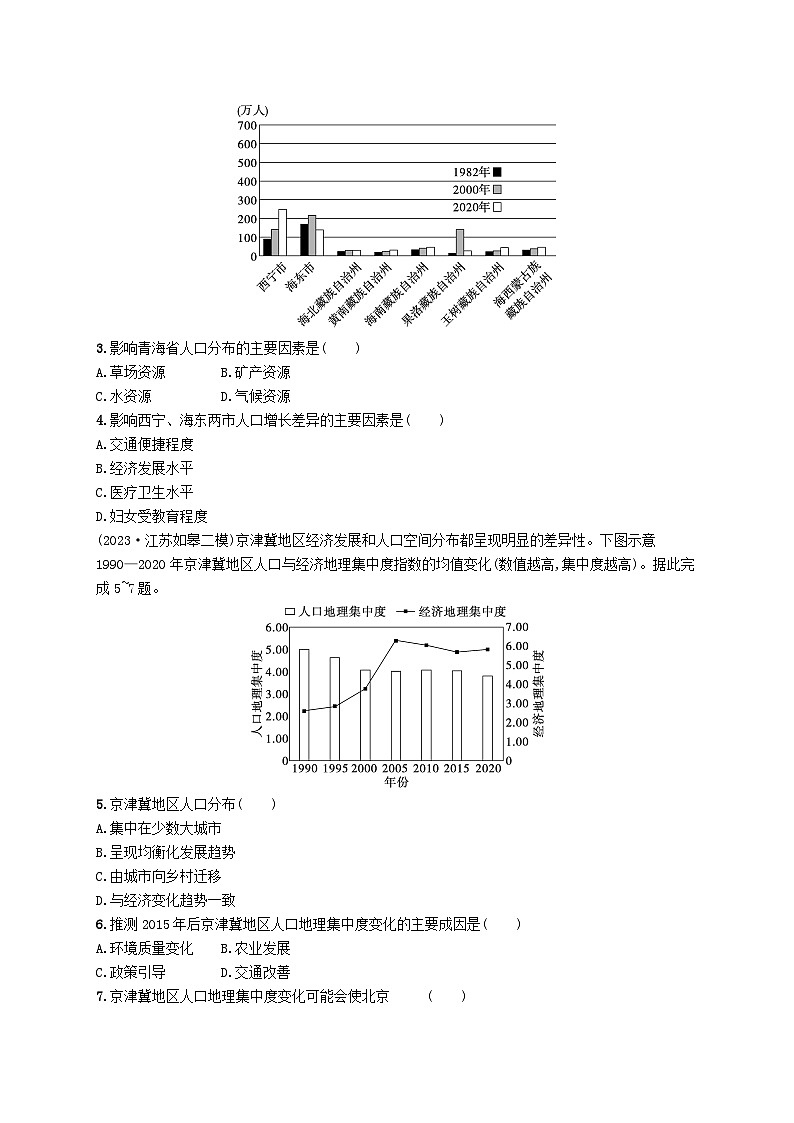 备战2025届高考地理一轮总复习课时规范练36人口分布与人口容量02