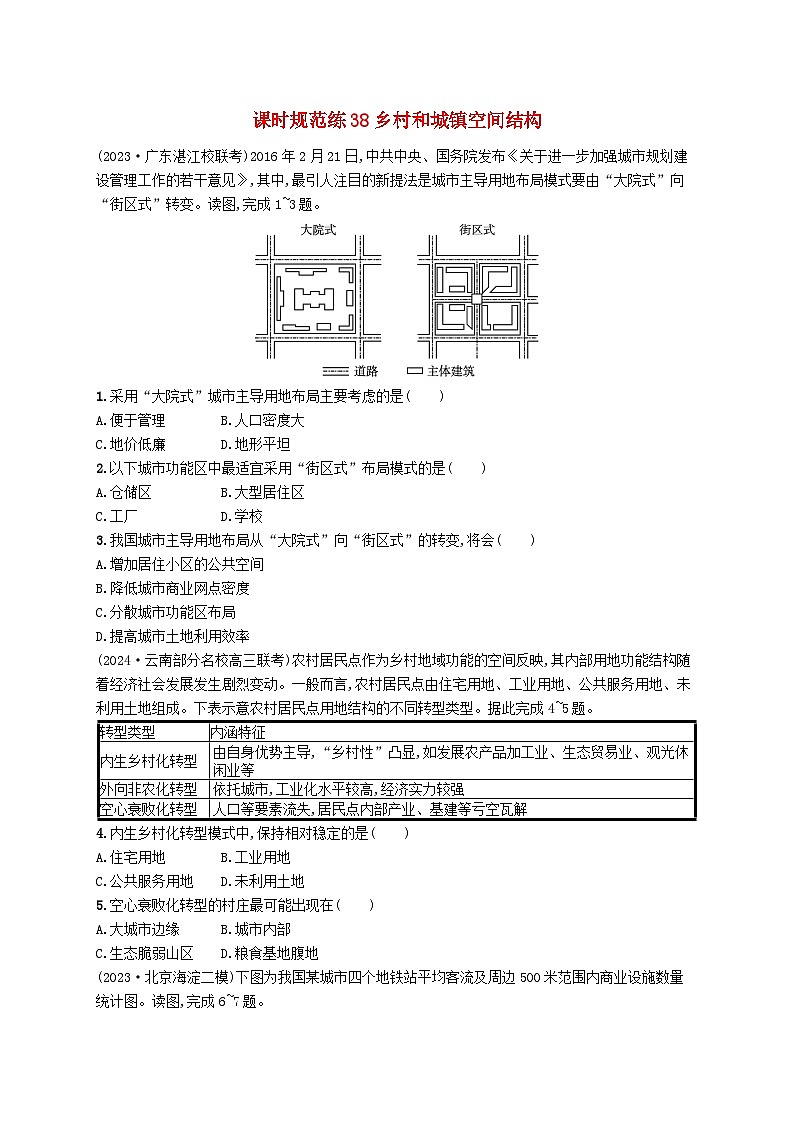 备战2025届高考地理一轮总复习课时规范练38乡村和城镇空间结构第1页