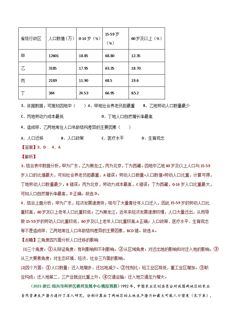 专题19 人口分布与人口容量（精选练习）-备战高考地理一轮复习全考点精讲练（浙江专用）02