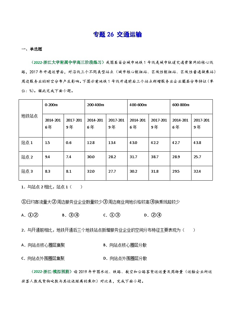 专题26 交通运输（精选练习）-备战高考地理一轮复习全考点精讲练（浙江专用）(原卷版）第1页
