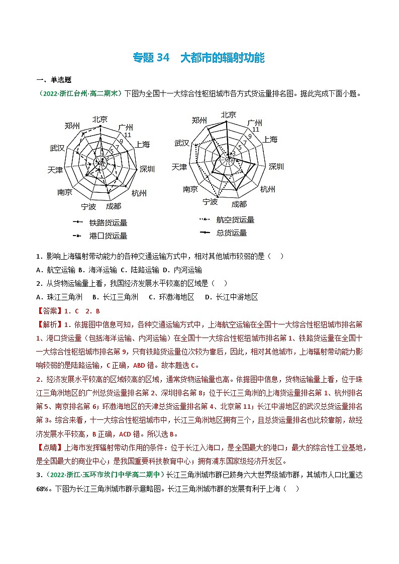 专题34 大都市的辐射功能（精选练习）-备战高考地理一轮复习全考点精讲练（浙江专用）(解析版）第1页