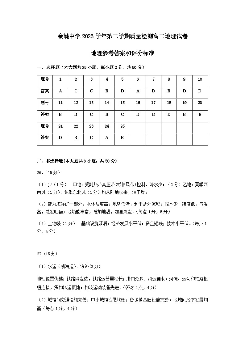 2024浙江省余姚中学高二下学期3月质量检测试题地理PDF版含答案（可编辑）01