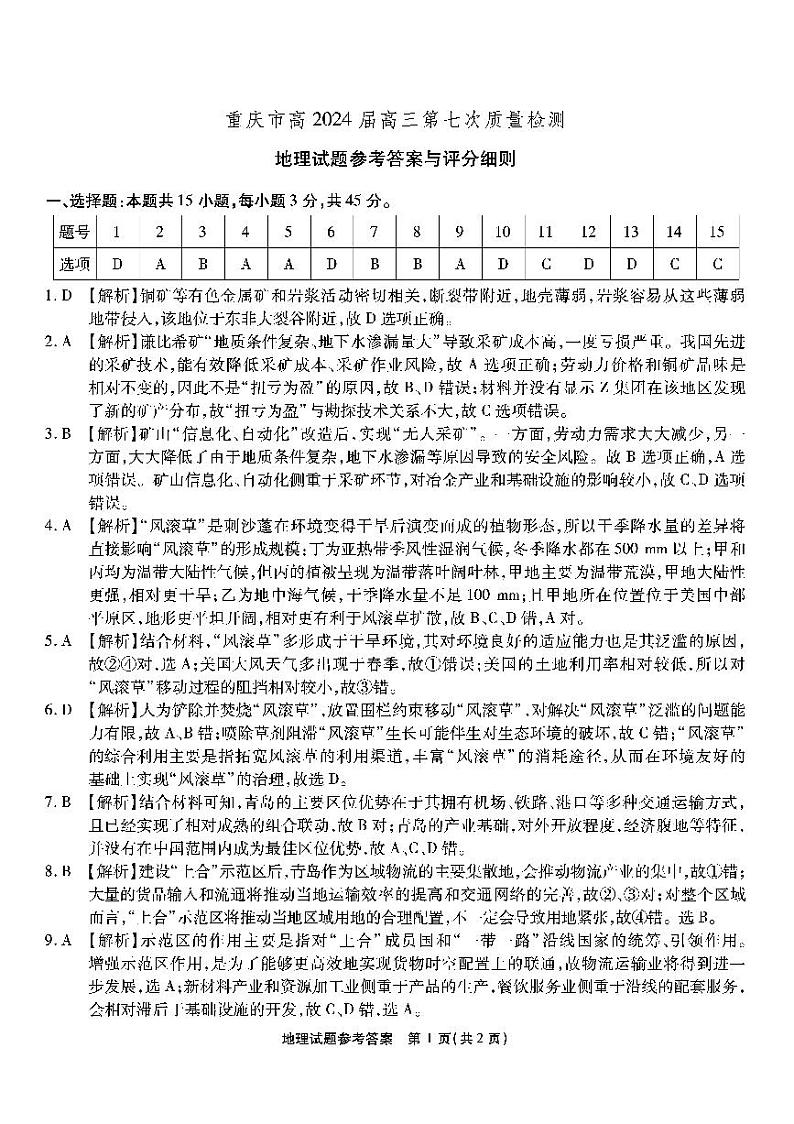重庆市南开中学校2023-2024学年高三下学期3月月考地理试题01