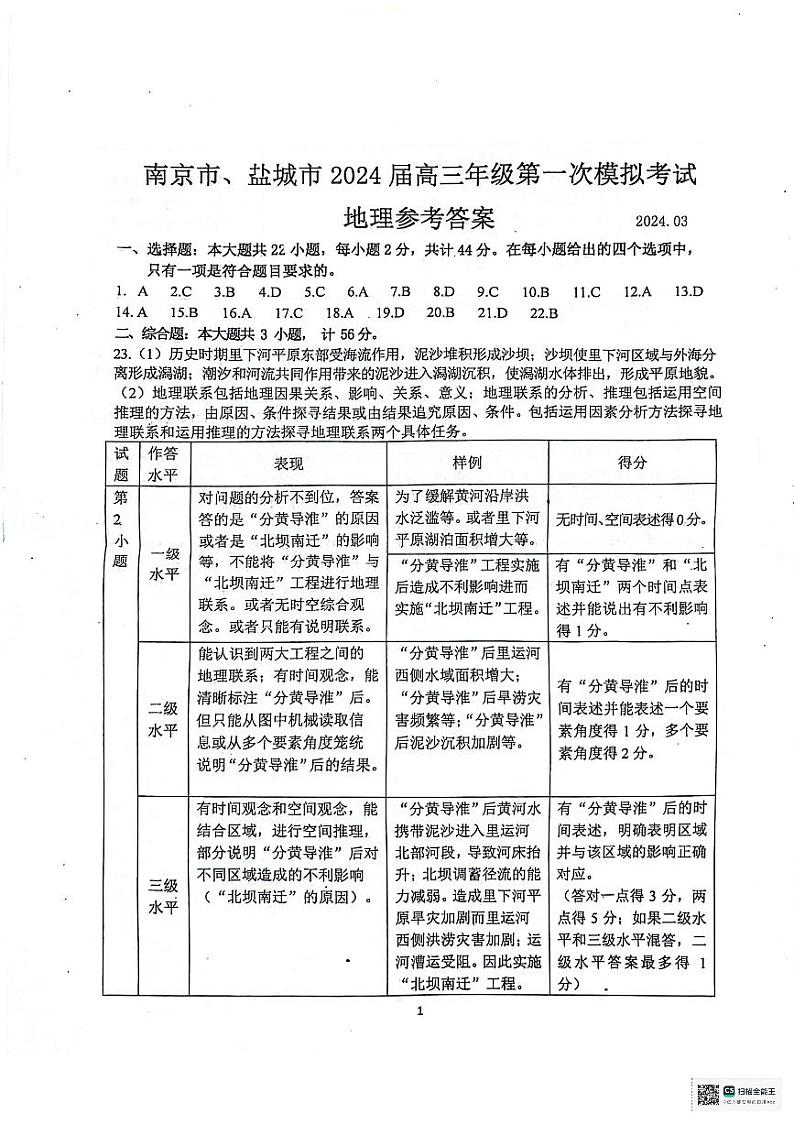 江苏省南京市、盐城市2024届高三下学期3月一模考试地理试卷（Word版附答案）01