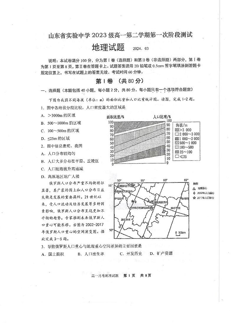 山东省实验中学2023-2024学年高一下学期3月月考地理试题01