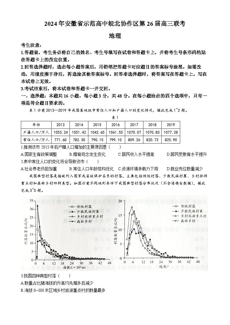 2024届安徽省皖北协作区联考模拟预测 地理试题第1页