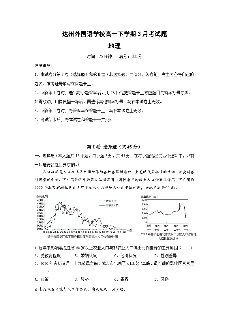 四川省达州外国语学校2023-2024学年高一下学期3月月考地理试题01