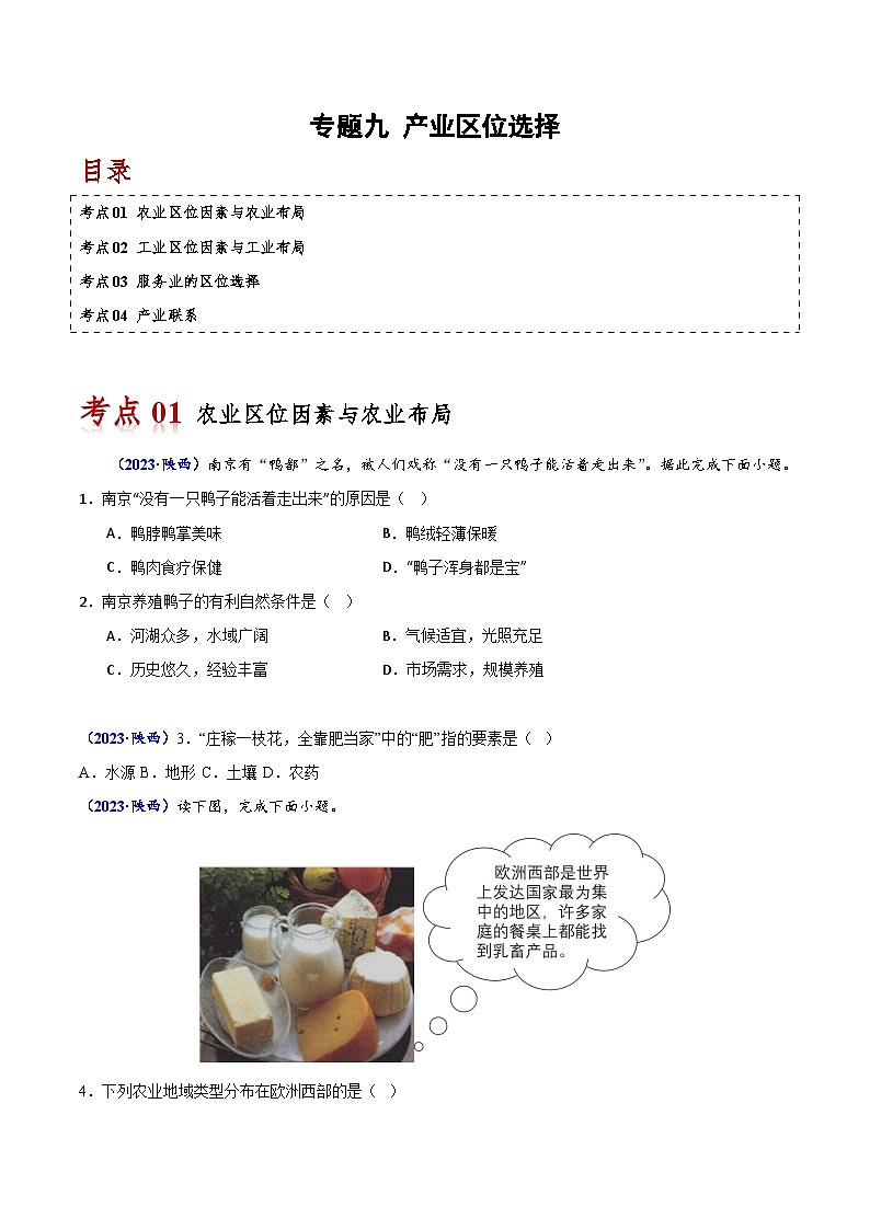 专题九 产业区位选择-备战2024年高中学业水平考试地理真题分类汇编（新教材通用）（原卷版）第1页