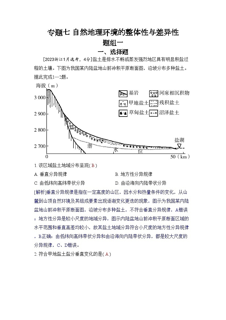 专题七 自然地理环境的整体性与差异性2024五年高考题分类训练（地理）01
