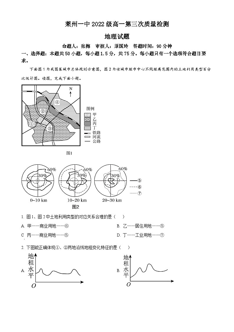 山东省烟台市莱州市第一中学2023-2024学年高一下学期3月月考地理试题（原卷版）第1页