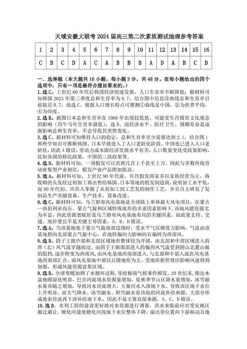 2024年天域全国名校协作体联考高三下学期3月地理试题及答案01